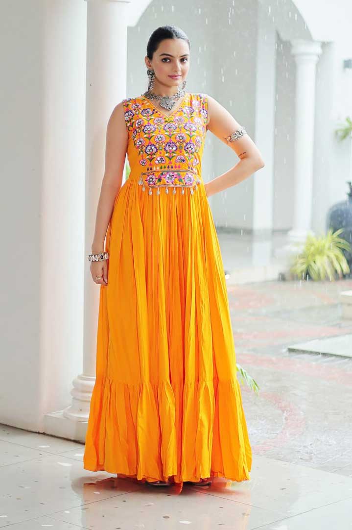 Kutchi Gamthi Embroidered Mirror Work Gown – Yellow