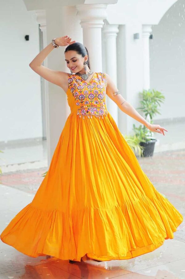 Kutchi Gamthi Embroidered Mirror Work Gown – Yellow