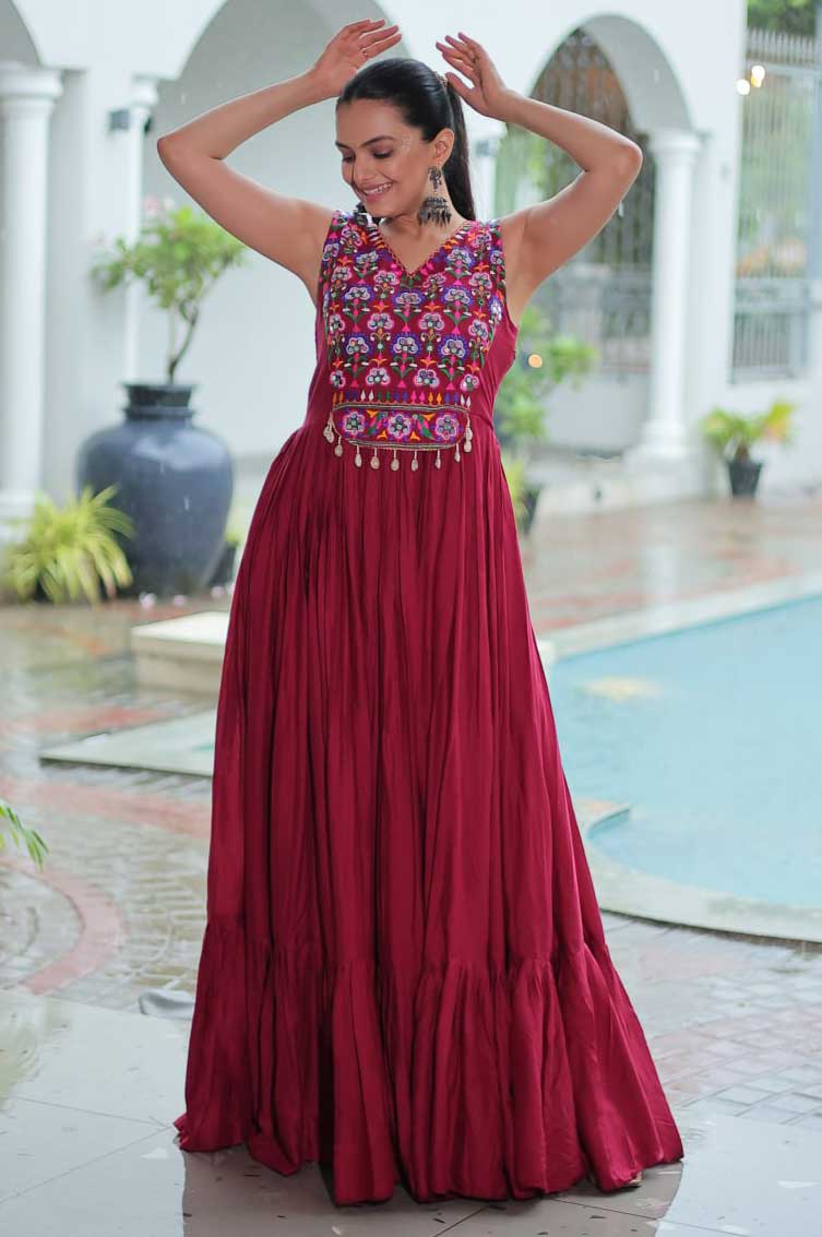 Kutchi Gamthi Embroidered Mirror Work Gown – Maroon