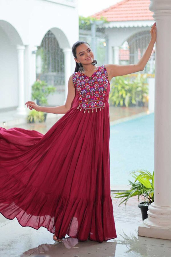 Kutchi Gamthi Embroidered Mirror Work Gown – Maroon