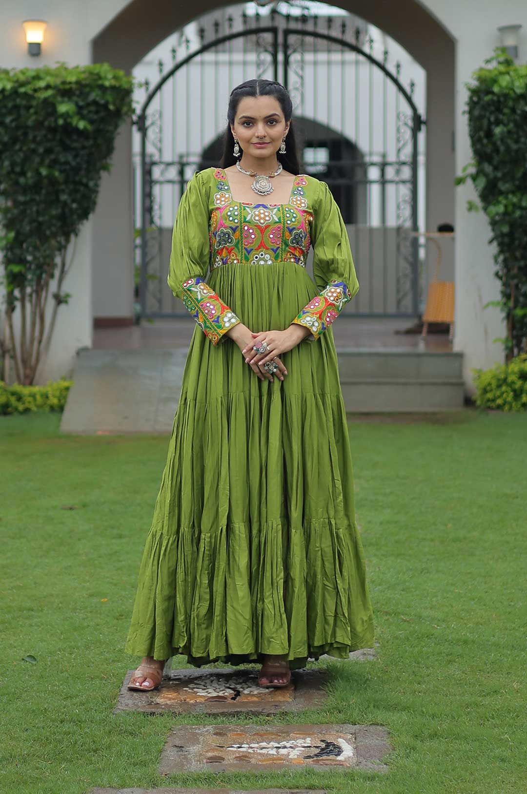 Kutchi Gamthi Embroidered Perot Green Gown