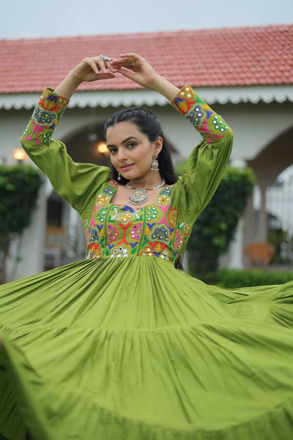 Kutchi Gamthi Embroidered Perot Green Gown