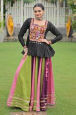 Kutchi-Gamthi-Peplum-Top-with-Multicolor-Pink-Green-Kali-Lehenga