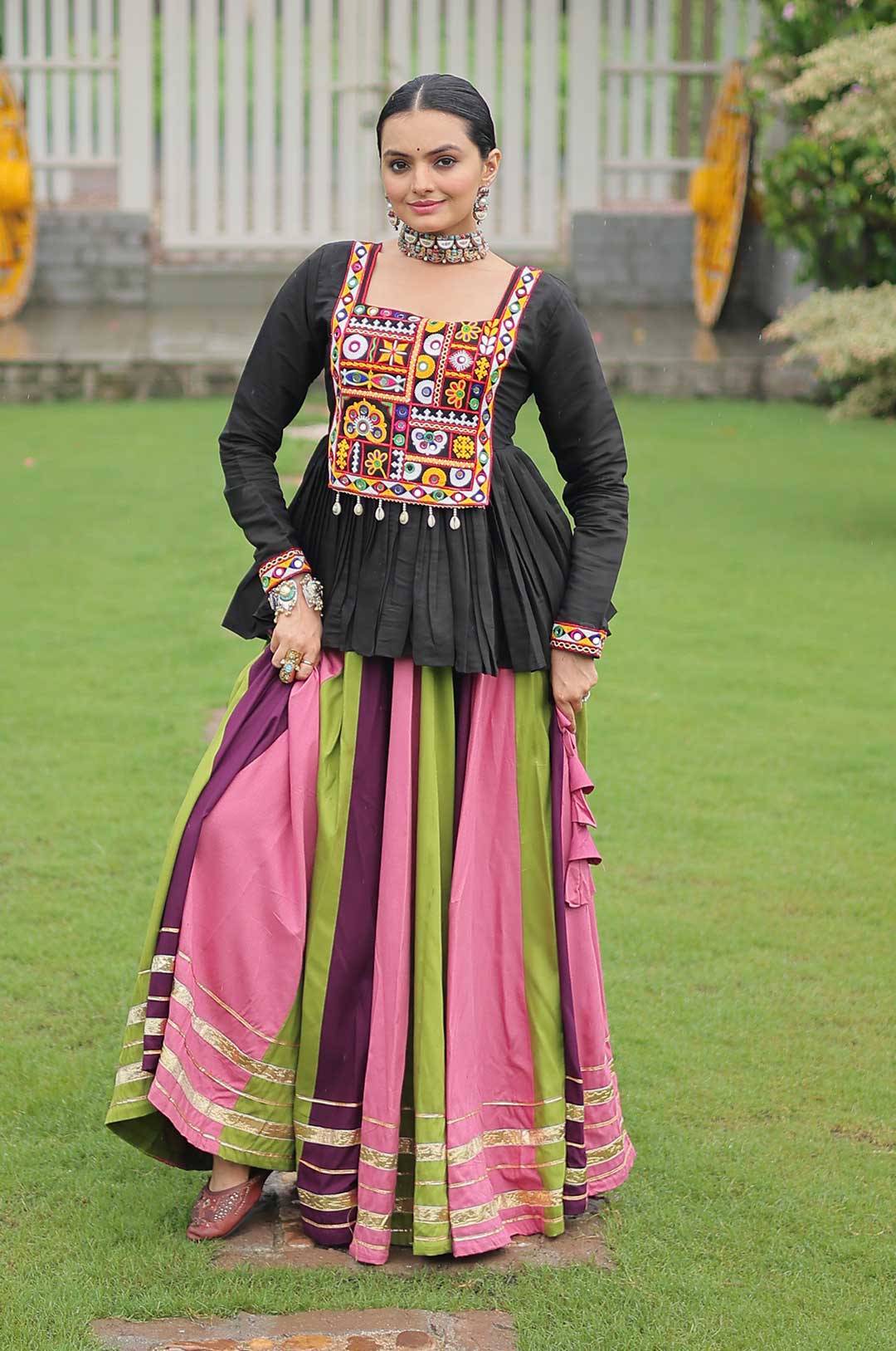 Kutchi Gamthi Peplum Top with Multicolor Pink-Green Kali Lehenga