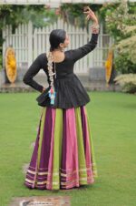 Kutchi-Gamthi-Peplum-Top-with-Multicolor-Pink-Green-Kali-Lehenga-4