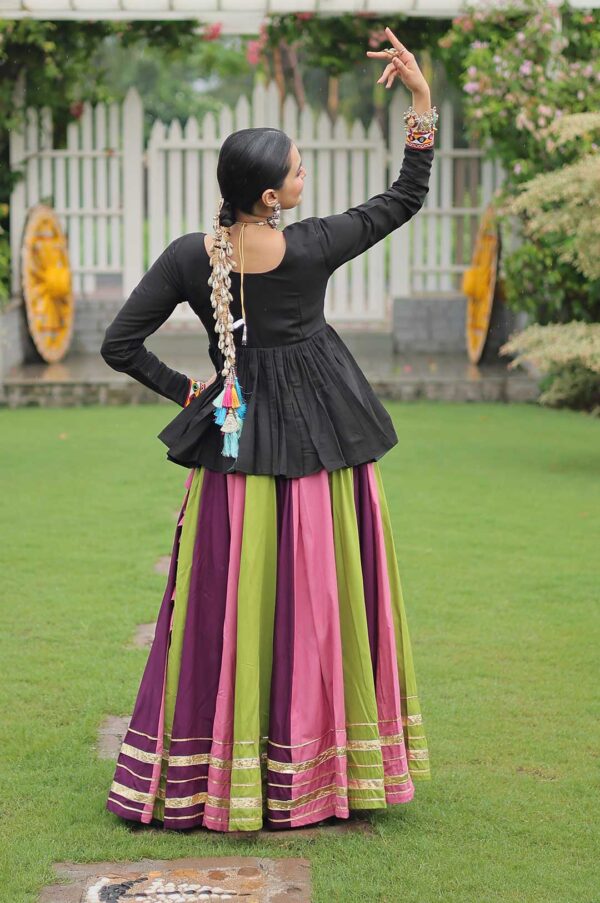 Kutchi Gamthi Peplum Top with Multicolor Pink-Green Kali Lehenga