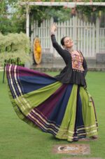 Kutchi-Gamthi-Peplum-Top-with-Multicolor-Purple-Green-Kali-Lehenga