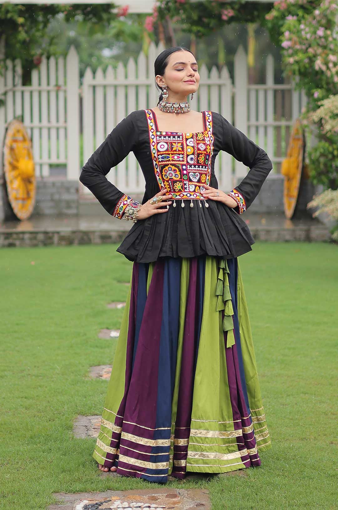 Kutchi Gamthi Peplum Top with Multicolor Purple-Green Kali Lehenga
