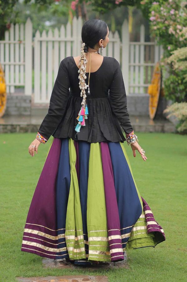 Kutchi Gamthi Peplum Top with Multicolor Purple-Green Kali Lehenga
