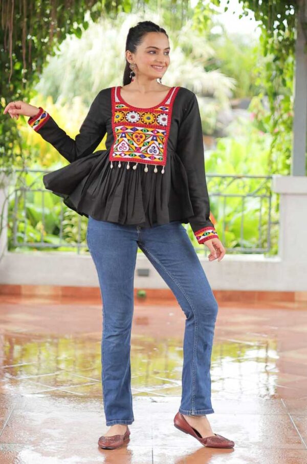Kutchi Gamthi Work Peplum Top – Black | Roman Fabric