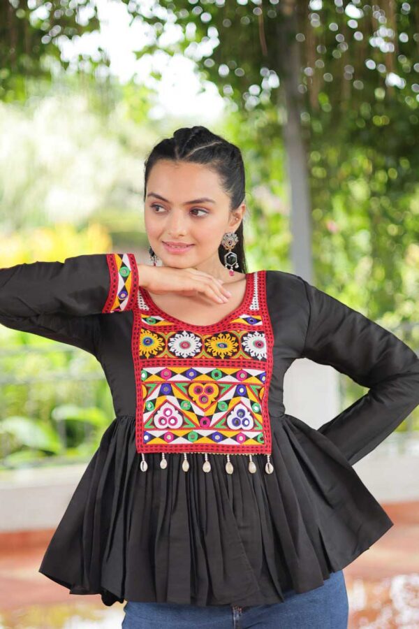 Kutchi Gamthi Work Peplum Top – Black | Roman Fabric