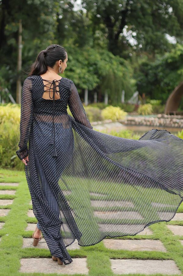 Leheriya Faux Georgette Long Kurti with Kutchi Patchwork – Black