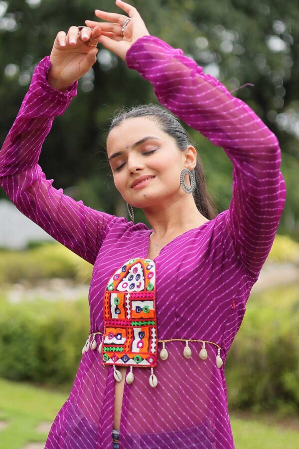 Leheriya Faux Georgette Long Kurti with Kutchi Patchwork – Purple