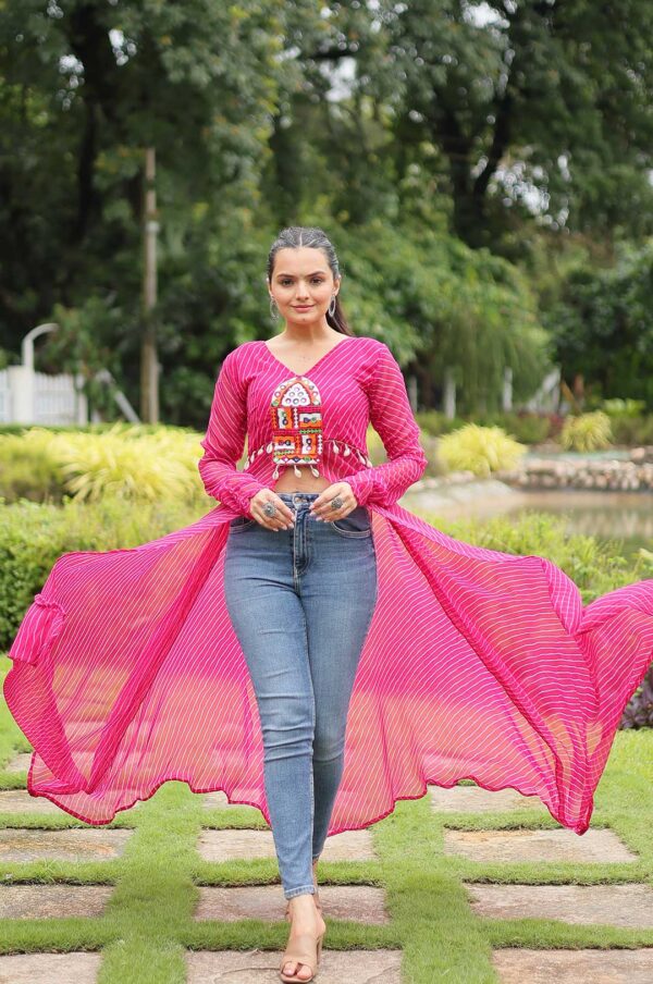 Leheriya Print Faux Georgette Kurti with Kutchi Patchwork – Hot Pink