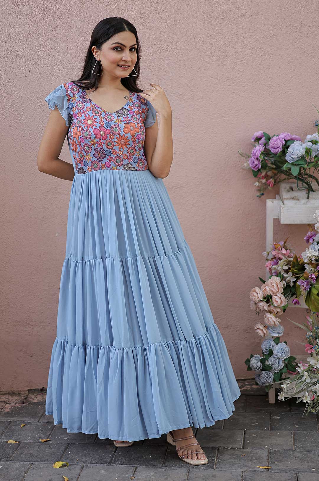 Light Blue Georgette Gown with Floral Embroidered Bodice and Tiered Ruffle Hem