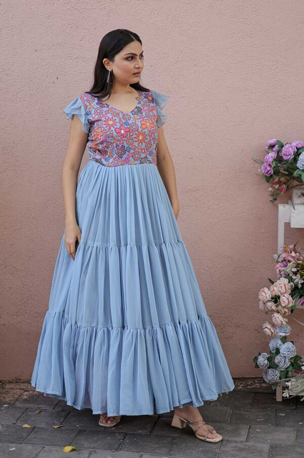 Light Blue Georgette Gown with Floral Embroidered Bodice and Tiered Ruffle Hem