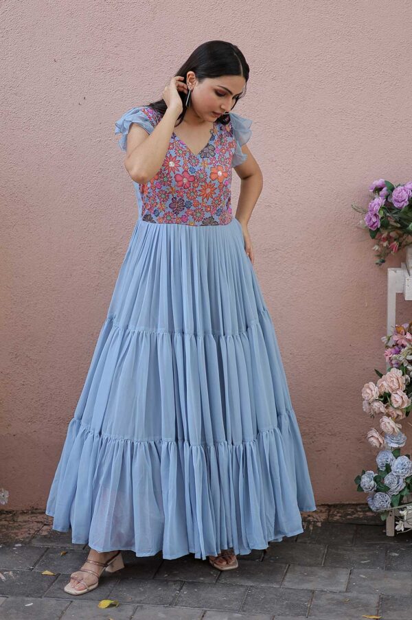 Light Blue Georgette Gown with Floral Embroidered Bodice and Tiered Ruffle Hem