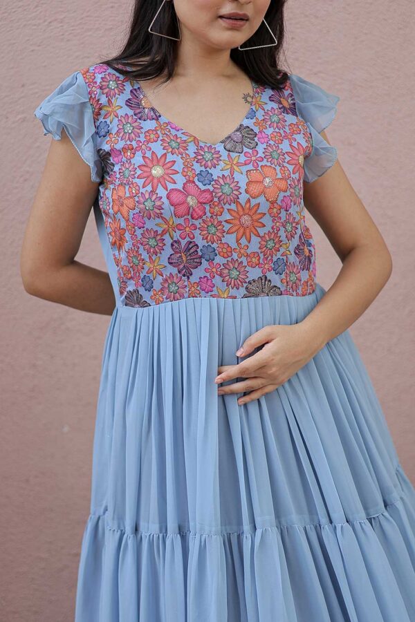 Light Blue Georgette Gown with Floral Embroidered Bodice and Tiered Ruffle Hem