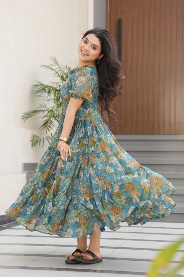 12-Meter Flair Printed Georgette Gown with Fancy Neckline