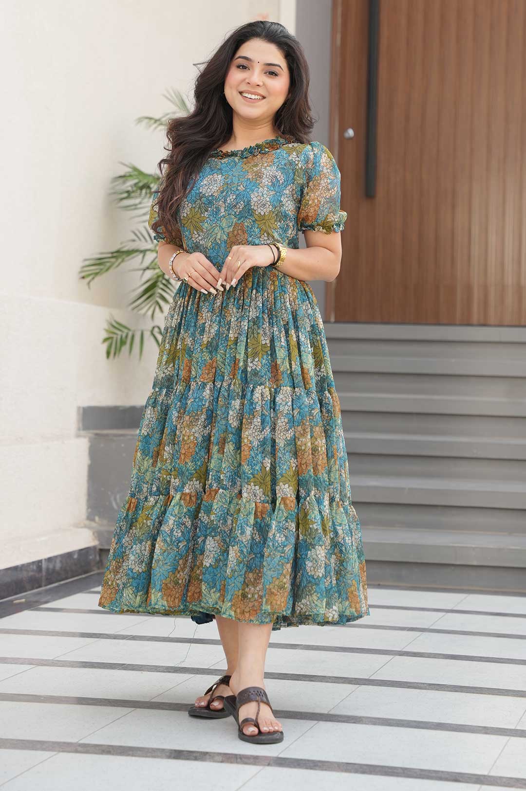 12-Meter Flair Printed Georgette Gown with Fancy Neckline