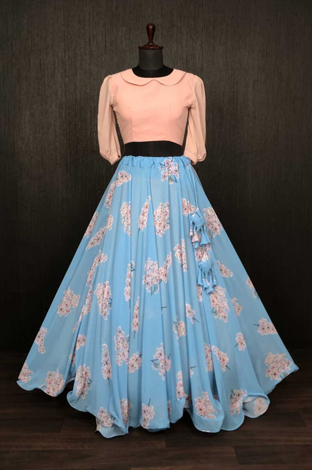 Light Pink Crop Top with Blue Floral Printed Skirt