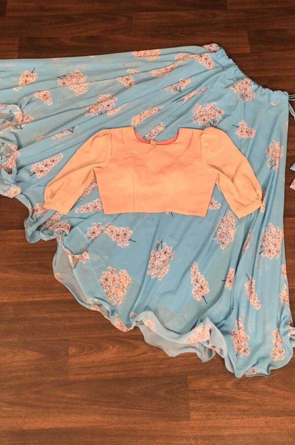 Light Pink Crop Top with Blue Floral Printed Skirt