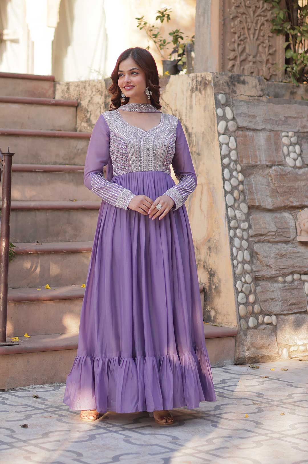 Lovender Star Georgette Embroidered Gown with Beads & Sequins Work and Dupatta Set