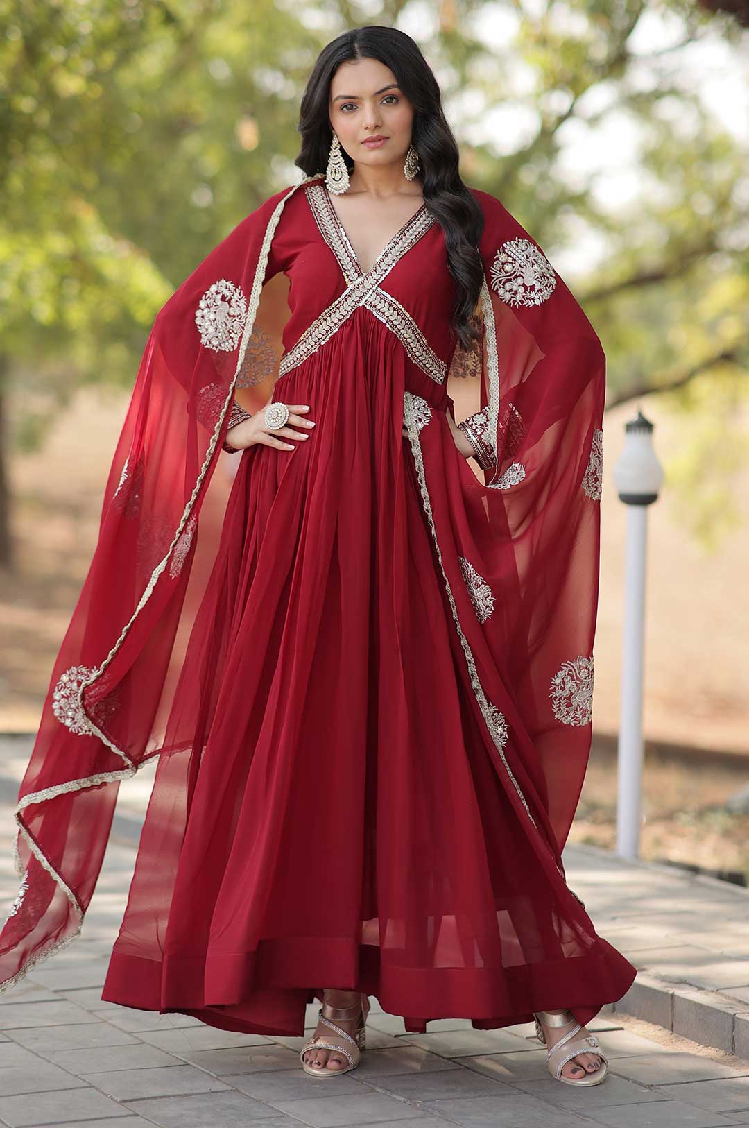 Majestic Maroon – Embroidered Gown with Dupatta Set