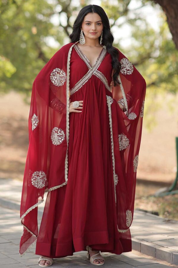 Majestic Maroon – Embroidered Gown with Dupatta Set