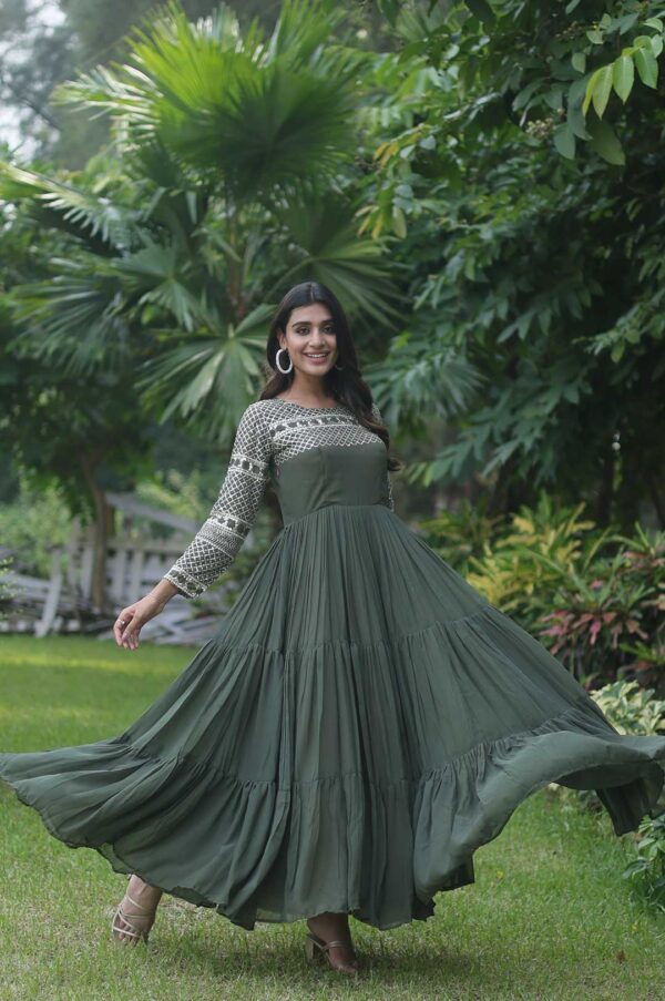 Majestic Mehndi Green Zari-Embroidered Tiered Gown