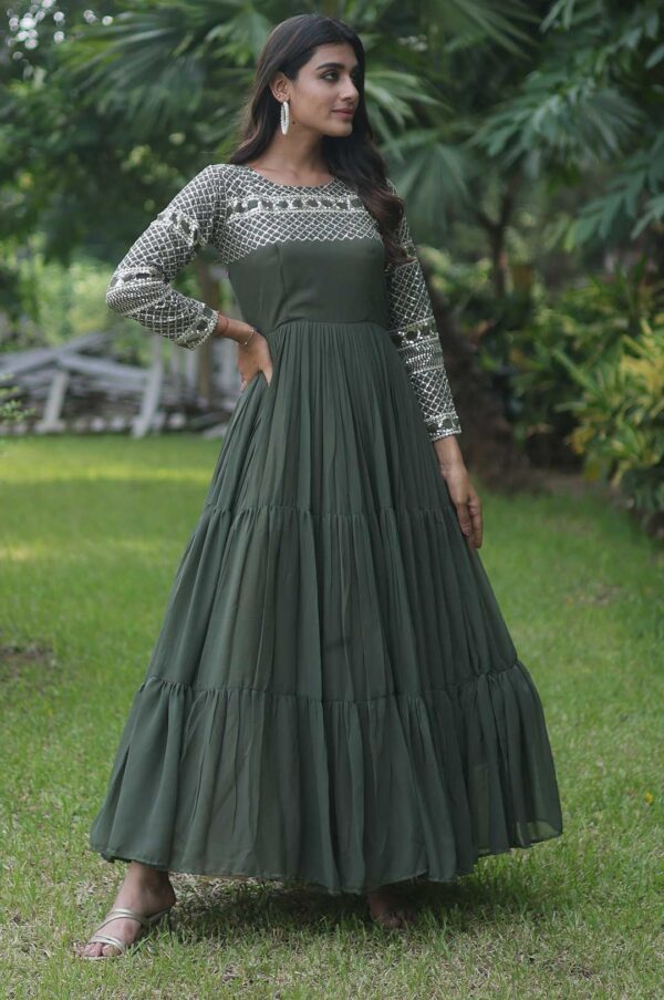 Majestic Mehndi Green Zari-Embroidered Tiered Gown