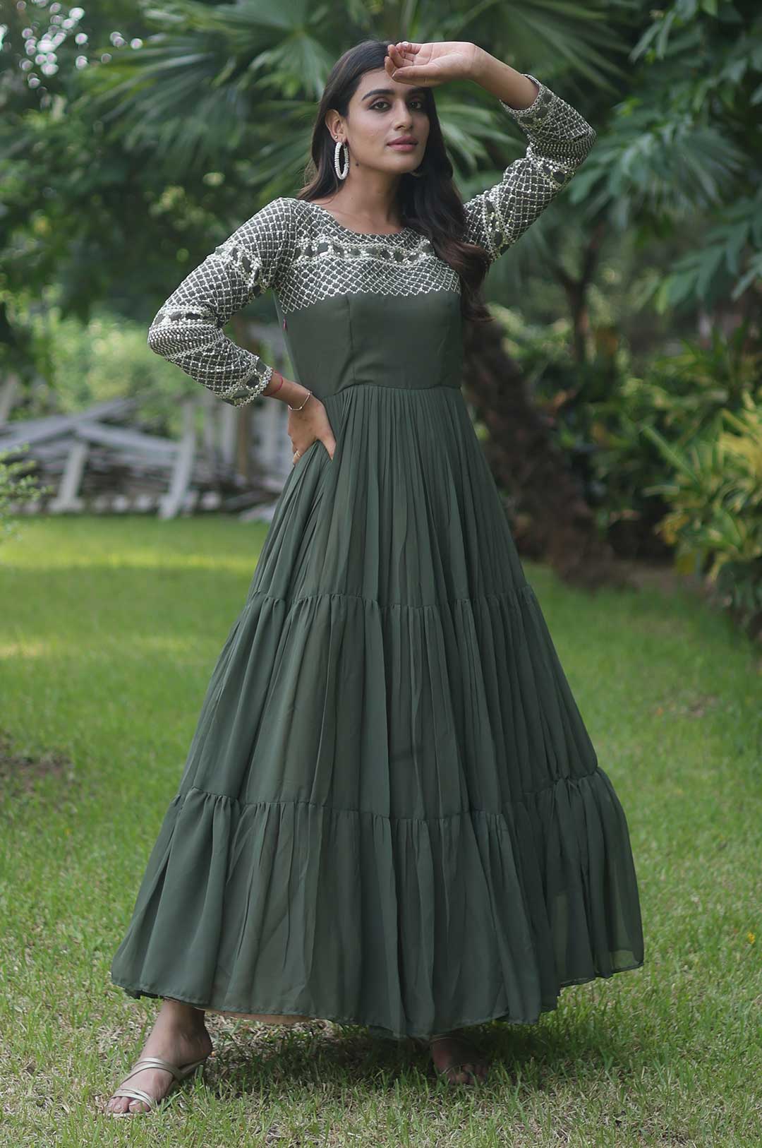 Majestic Mehndi Green Zari-Embroidered Tiered Gown