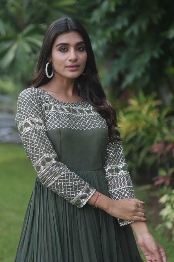 Majestic Mehndi Green Zari-Embroidered Tiered Gown