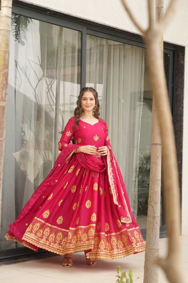 Majestic Pink Zari Embroidered Gown with Dupatta – Royal Charm Redefined