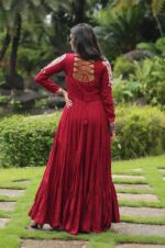 Maroon-14Kg-Reyon-Gown-with-Kutchi-Gamthi-Work-&amp;-12-Meter-Flair