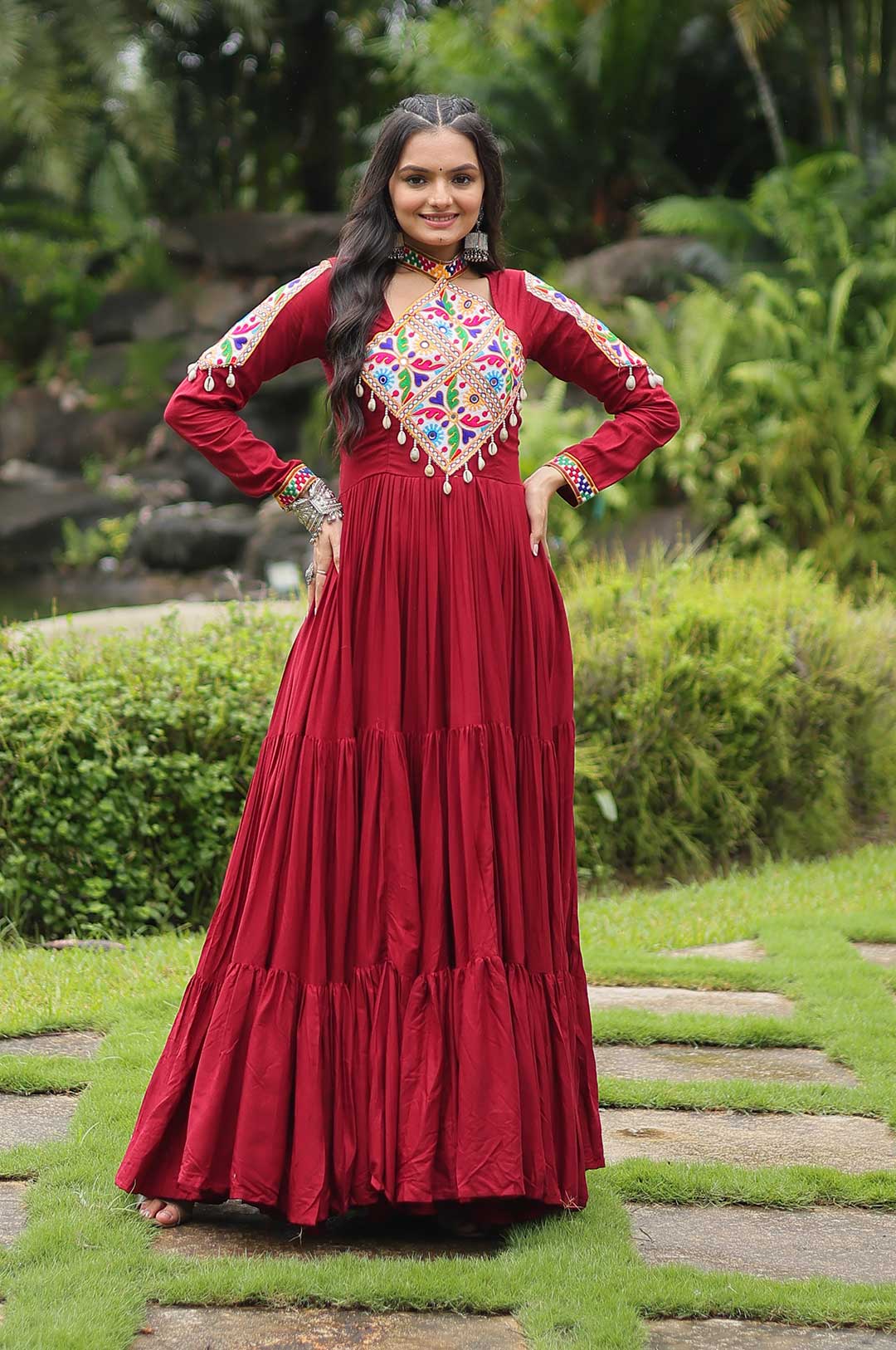 Maroon 14Kg Reyon Gown with Kutchi Gamthi Work & 12 Meter Flair
