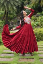 Maroon-14Kg-Reyon-Gown-with-Kutchi-Gamthi-Work-&amp;-12-Meter-Flair-4