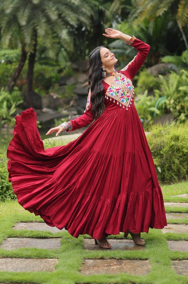 Maroon 14Kg Reyon Gown with Kutchi Gamthi Work & 12 Meter Flair