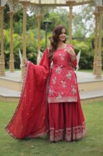 Maroon-Chinnon-Embroidered-Kurti-Plazzo-Set-with-Dupatta-2