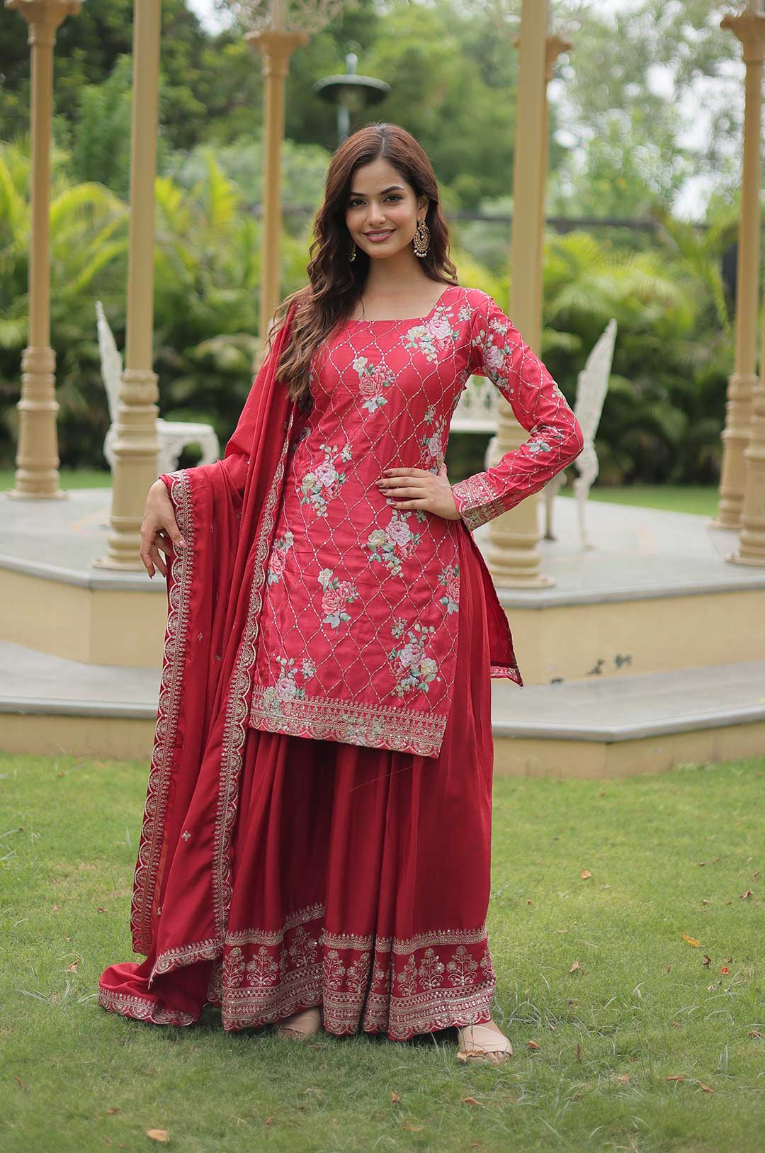 Maroon Chinnon Embroidered Kurti Plazzo Set with Dupatta