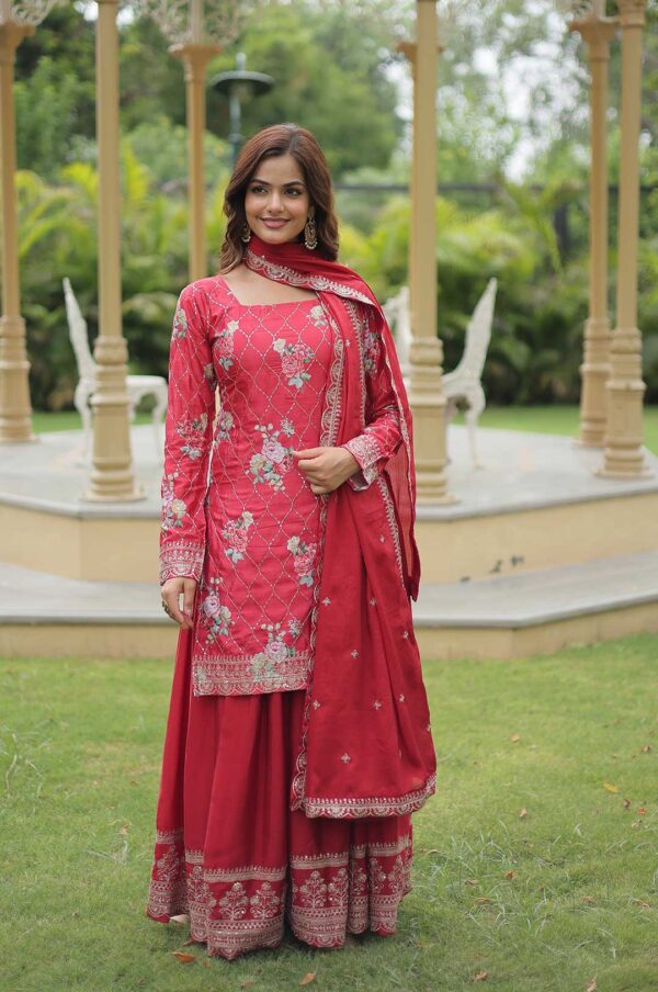 Maroon Chinnon Embroidered Kurti Plazzo Set with Dupatta