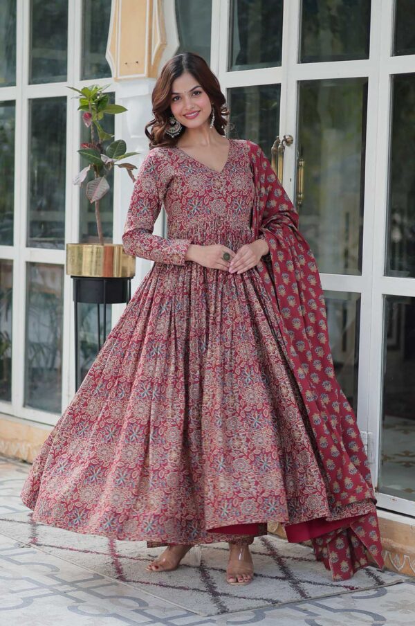 Maroon Cotton Anarkali Set with Dupatta – Timeless Elegance in Every Detail