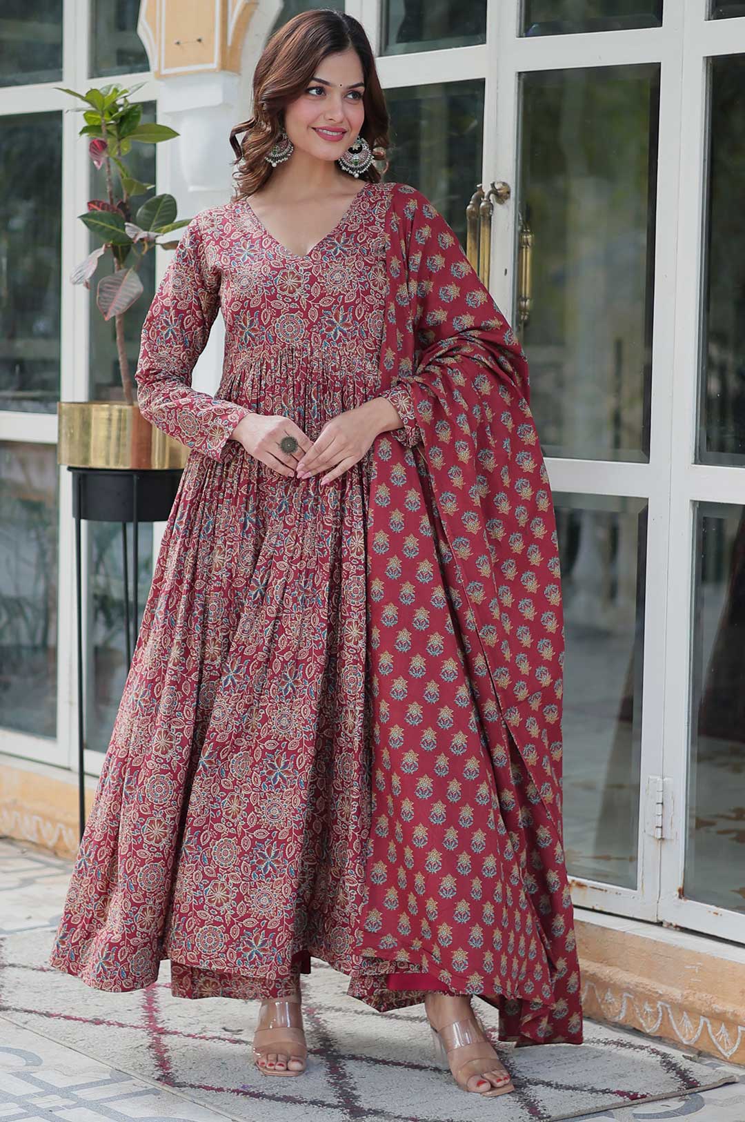 Maroon Cotton Anarkali Set with Dupatta – Timeless Elegance in Every Detail