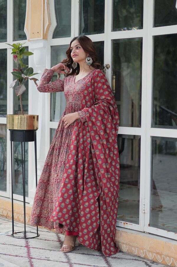 Maroon Cotton Anarkali Set with Dupatta – Timeless Elegance in Every Detail
