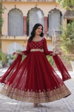 Maroon--Elegant-Faux-Blooming-Gown-with-Round-Neck-&amp;-Designer-Dupatta