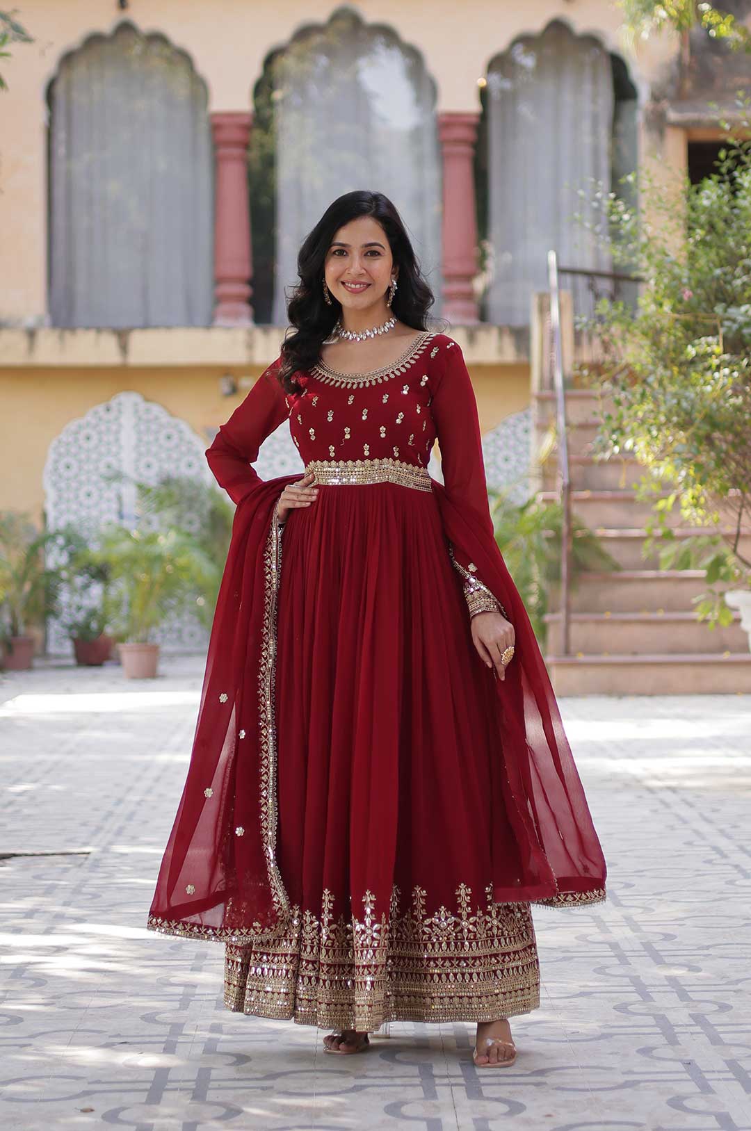Maroon Elegant Faux Blooming Gown with Round Neck & Designer Dupatta
