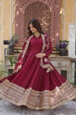 Maroon-Embroidered-Anarkali-Gown-with-Gold-Work-Border-&amp;-Dupatta