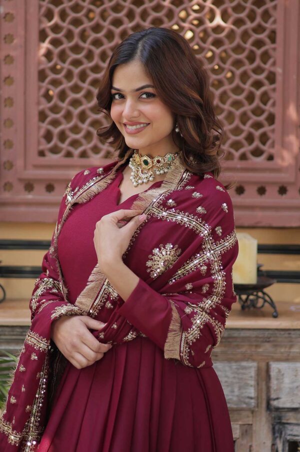 Maroon Embroidered Anarkali Gown with Gold Work Border & Dupatta