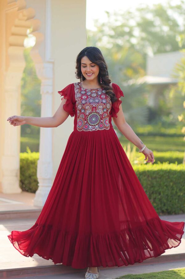 Maroon Embroidered Frill Gown – Grace in Every Twirl