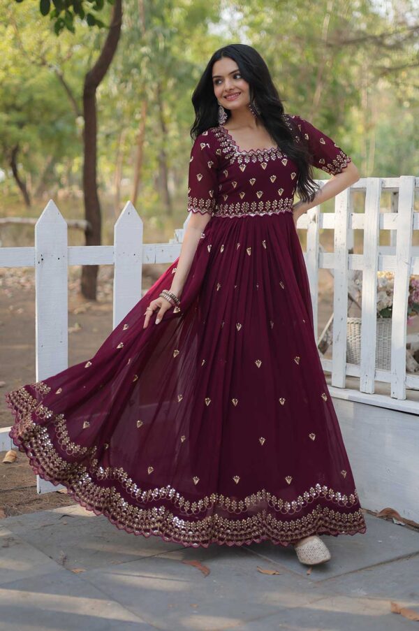 Maroon Georgette Gown with Embroidered Bodice & Gold Work Border